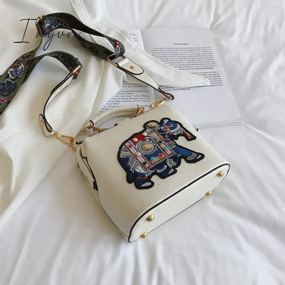 Ingvn - Designer Luxury Handbags Crossbody Bags Elephant Embroidered For Women Leather Handbag