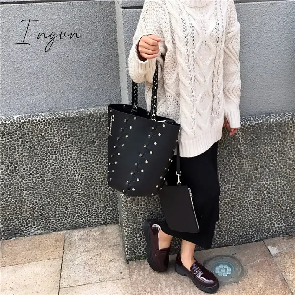Ingvn - Designer Rivets Large Bucket Bags Women Purses And Handbags Female High Quality Shoulder