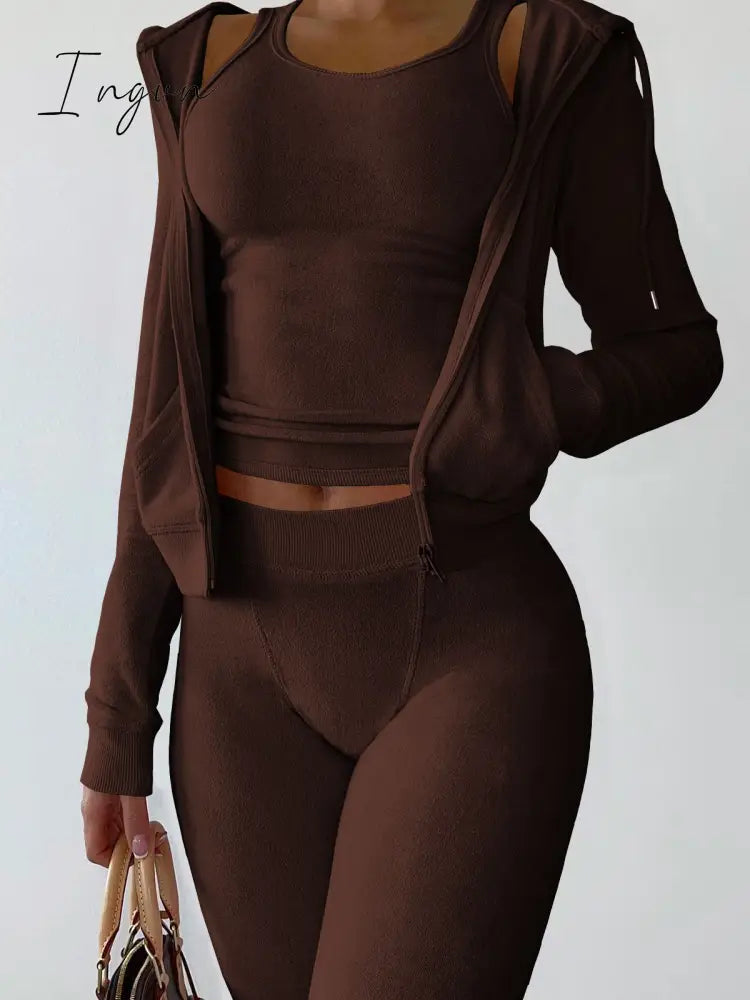 Ingvn - Double Face Fleece Three Piece Set Woman Long Sleeve Vest Hooded Drawstring Sweatpants