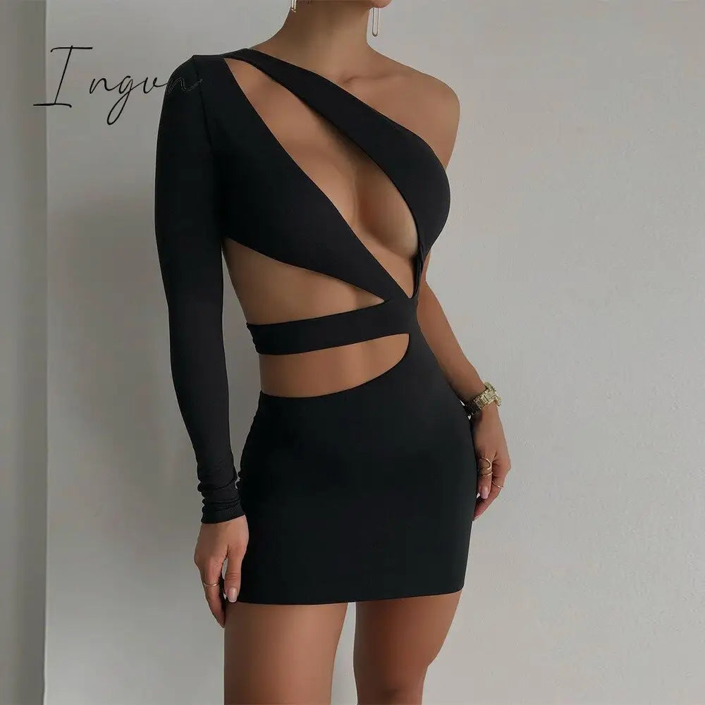Ingvn - Double Layer Autumn Women Bodycon Dress Party New Arrivals White One Shoulder Cut Out