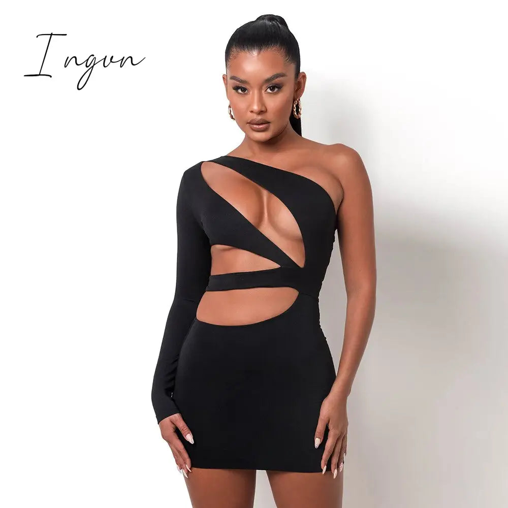 Ingvn - Double Layer Autumn Women Bodycon Dress Party New Arrivals White One Shoulder Cut Out