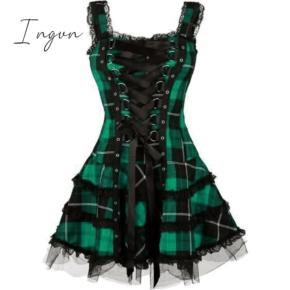 Ingvn - Dress Women Classic Frill Lace Dresses Sleeveless Plaid Vintage Gothic Mini Ball Gowns