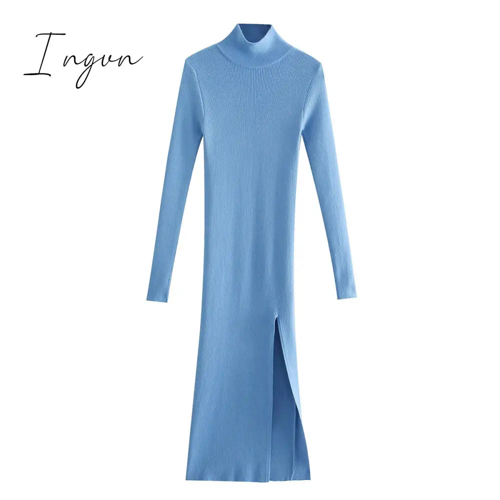 Ingvn - Dress Women Long Sleeves High - Neck Elastic Midi Fashion Elegant Chic Lady Knit Sweater
