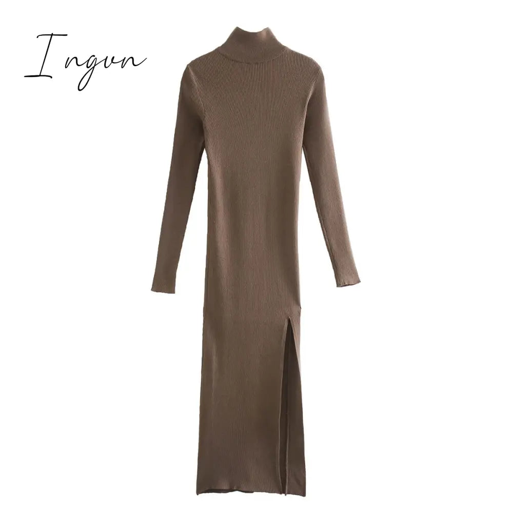 Ingvn - Dress Women Long Sleeves High - Neck Elastic Midi Fashion Elegant Chic Lady Knit Sweater