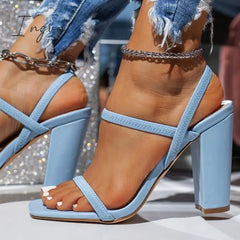 Ingvn - Elastic Straps Squared Toe Chunky Heels Blue / 5 Sandals