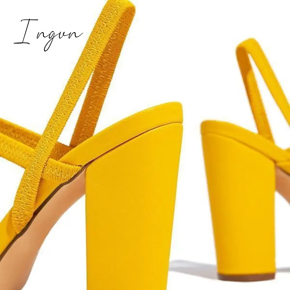 Ingvn - Elastic Straps Squared Toe Chunky Heels Sandals