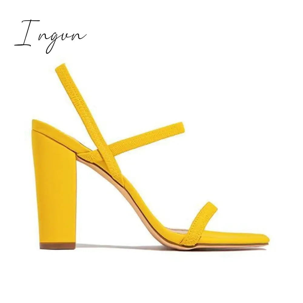 Ingvn - Elastic Straps Squared Toe Chunky Heels Sandals