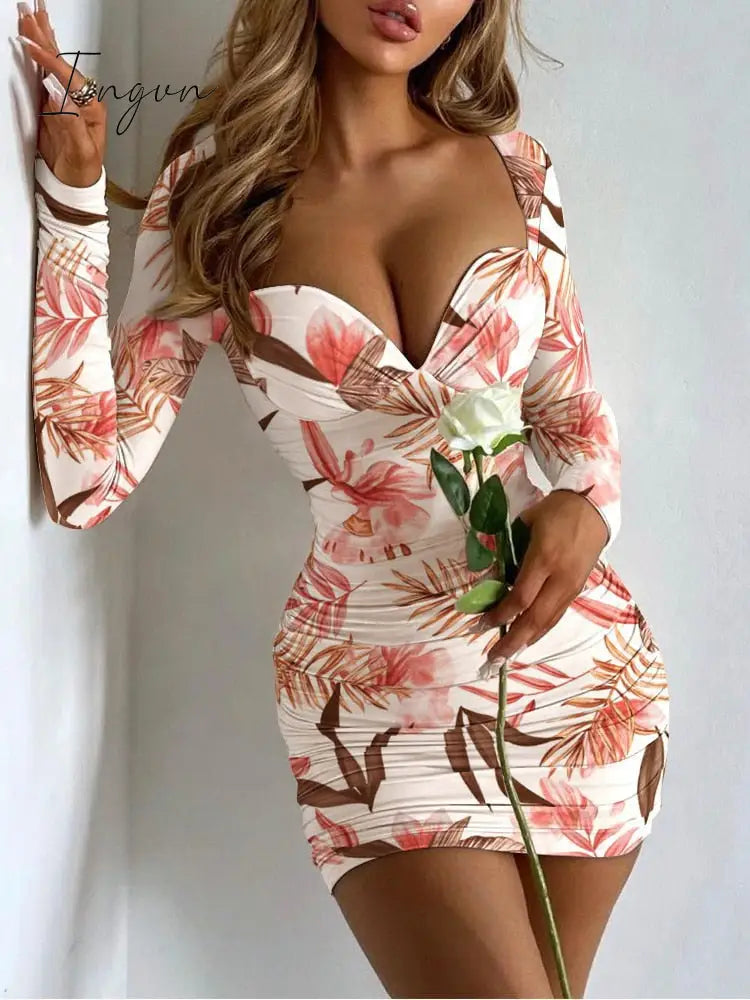 Ingvn - Elegant Bodycon Short Dress Women Sexy Ruched Deep V Neck White Party Dresses Autumn Casual