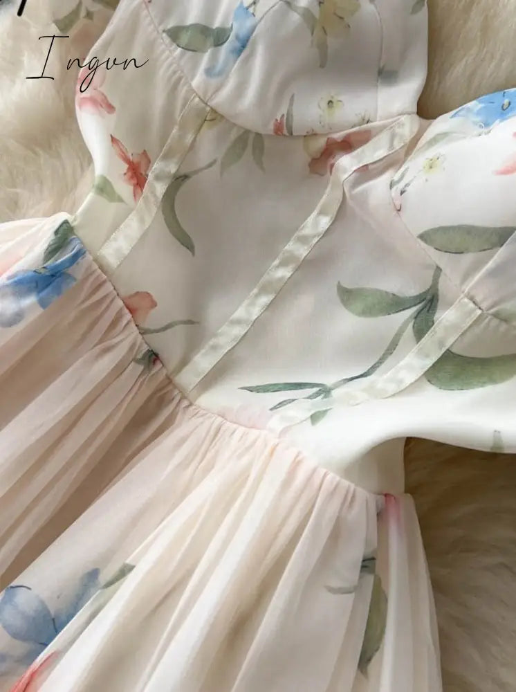 Ingvn - Elegant Dress For Women Floral Print Off Shoulder Strapless Short Puff Sleeve Fashion High