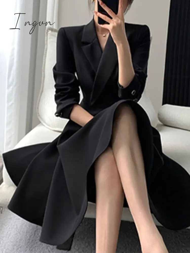 Ingvn - Elegant Dresses For Women Long Sleeve Streetwear Fashion Dress Slim Fit Solid Button Midi