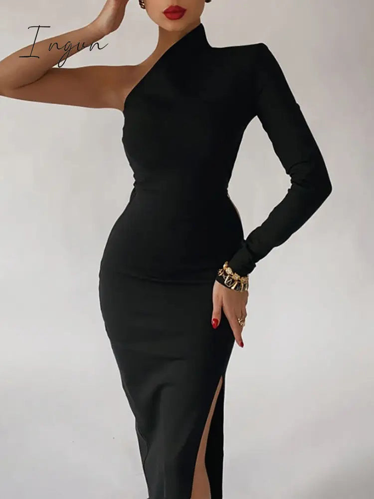 Ingvn - Elegant Dresses For Women Summer One Shoulder Maxi Dress Bodycon Sexy Black Long Fomal
