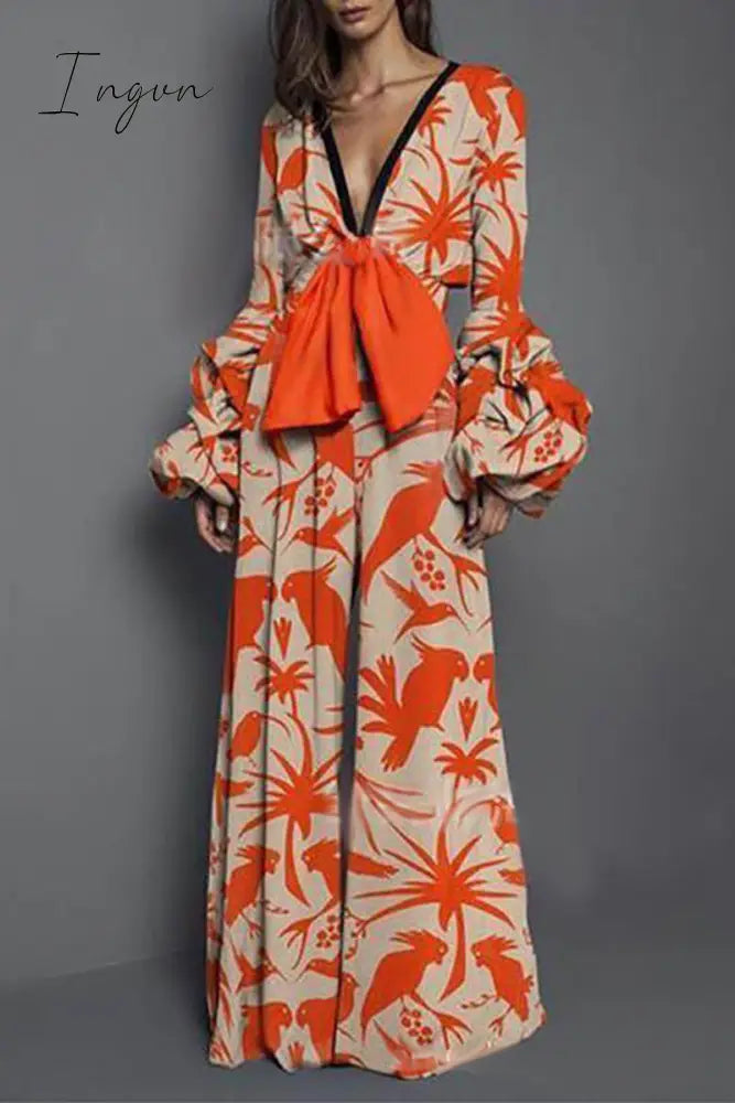 Ingvn - Elegant Floral Frenulum V Neck Loose Jumpsuits Orange / S & Rompers/Jumpsuits
