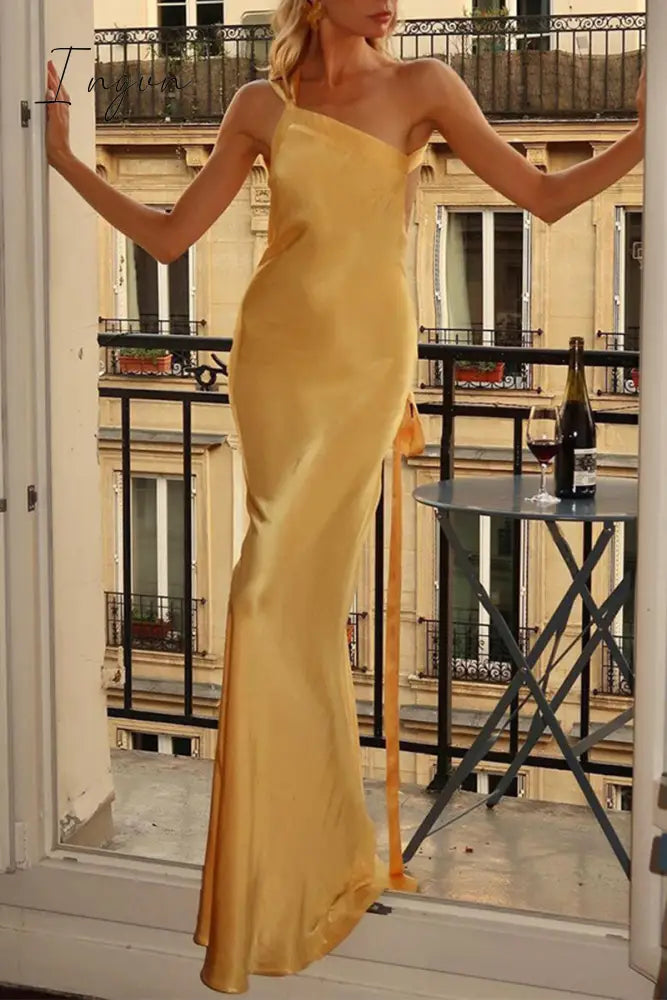 Ingvn - Elegant Formal Solid Backless Oblique Collar Evening Dress Dresses Yellow / S Dresses/Maxi