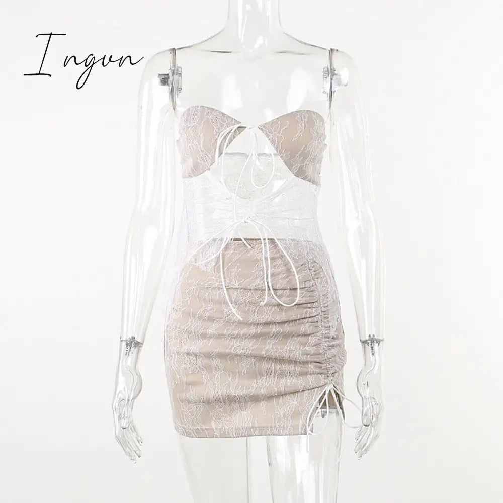 Ingvn - Elegant Lace Print Sexy Two Piece Set Women Strapless Crop Top And Skirt Female Ruched