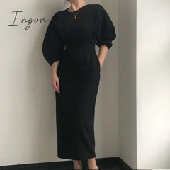 Ingvn - Elegant Ladies Office Dress Fashion Sexy Solid Color Women Slim Midi Vestidos Ol Black / S