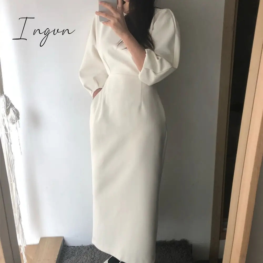 Ingvn - Elegant Ladies Office Dress Fashion Sexy Solid Color Women Slim Midi Vestidos Ol White / S