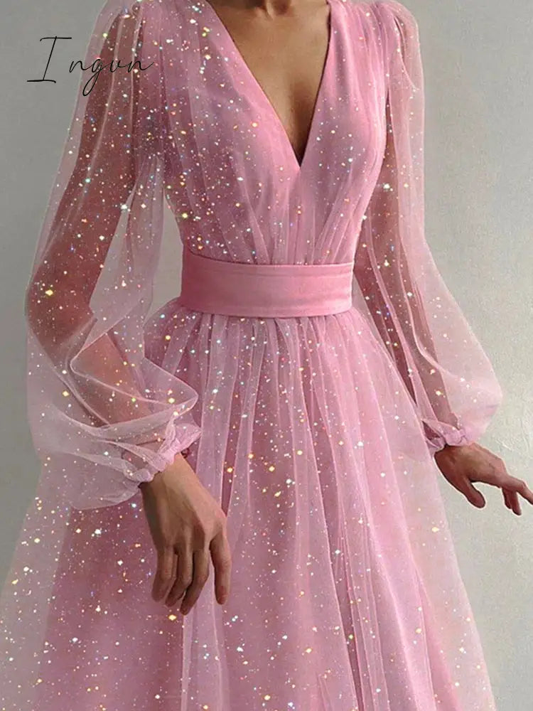 Ingvn - Elegant Long Sleeve Pattern Print Party Dress Summer Women Fashion V-Neck Patchwork Maxi