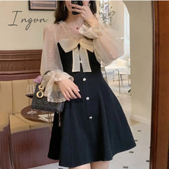 Ingvn - Elegant Mini Party Dress Women Casual Bow Lace Long Sleeve Black Vintage Sexy One Piece
