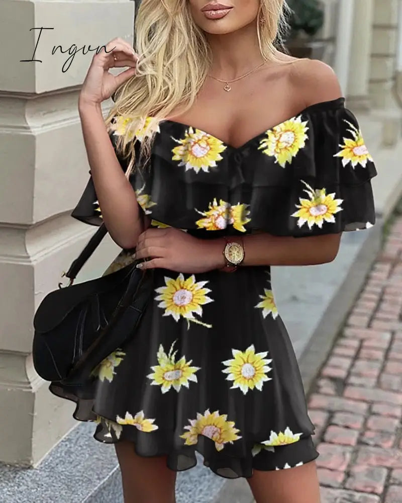 Ingvn - Elegant Off Shoulder Ruffle Fit Flare Dress Women Solid Casual Summer Mini Black Sunflower