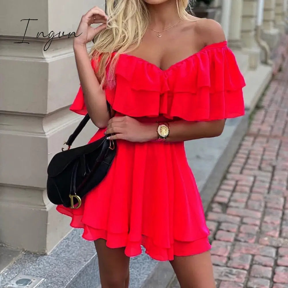 Ingvn - Elegant Off Shoulder Ruffle Fit Flare Dress Women Solid Casual Summer Mini Red / S