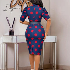 Ingvn - Elegant Office Dresses For Ladies 2023 Business Dot Printed High Waisted Short Sleeve Mid