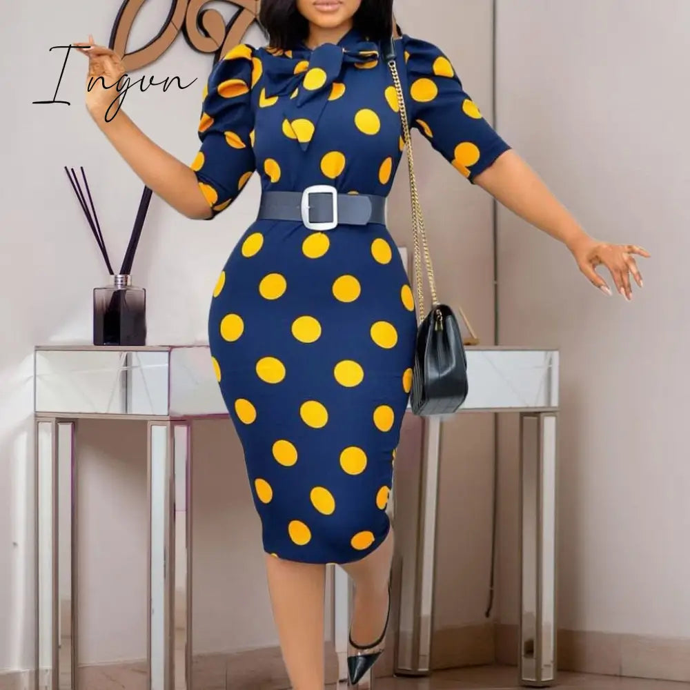 Ingvn - Elegant Office Dresses For Ladies 2023 Business Dot Printed High Waisted Short Sleeve Mid