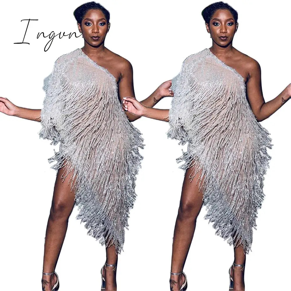 Ingvn - Elegant One Shoulder Celebrity Evening Runway Party Dress Women Fringe Tassels Asymmetrical