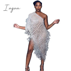 Ingvn - Elegant One Shoulder Celebrity Evening Runway Party Dress Women Fringe Tassels Asymmetrical