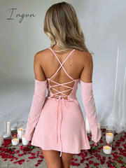 Ingvn - Elegant Pleated Bust Lace Up Back Mini Dress Women Summer New Long Sleeve Backless Bodycon