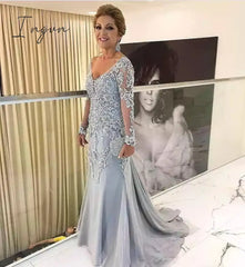 Ingvn - Elegant Silver Long Sleeves Mother Of The Bride Clothes V Neck Patin Evening Dress Wedding