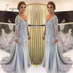 Ingvn - Elegant Silver Long Sleeves Mother Of The Bride Clothes V Neck Patin Evening Dress Wedding