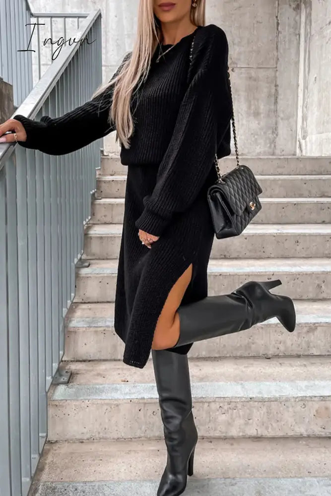 Ingvn - Elegant Simplicity Solid Slit O Neck Long Sleeve Dresses Black / S Dresses/Sweater
