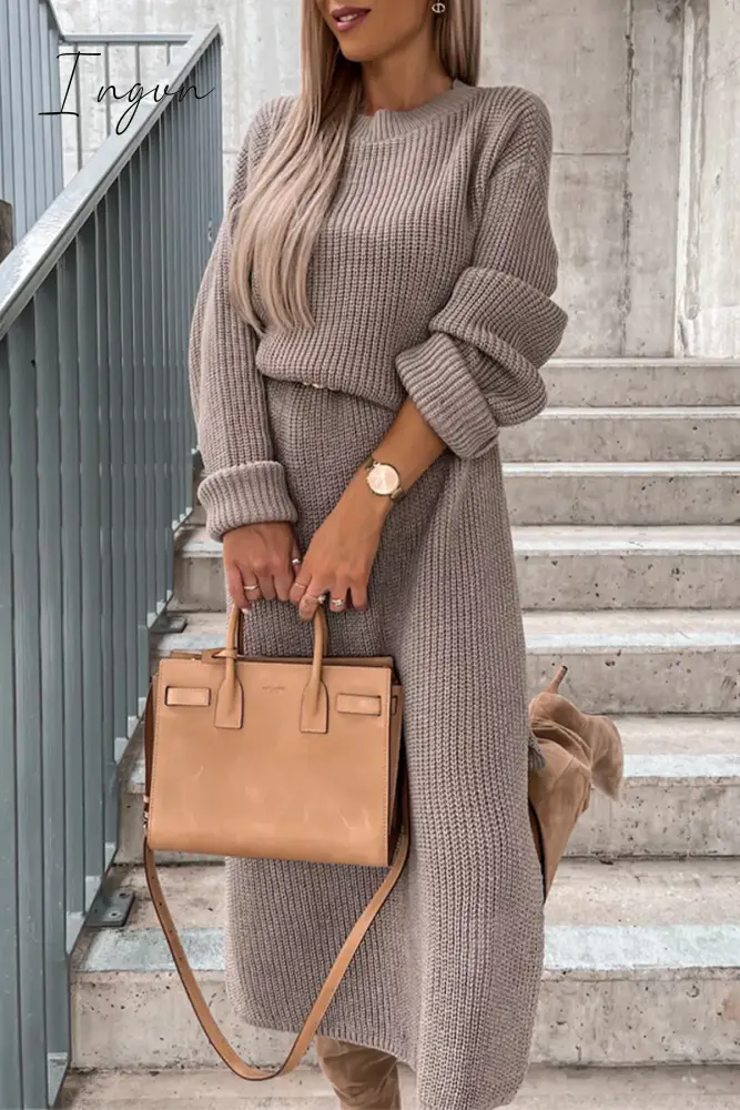 Ingvn - Elegant Simplicity Solid Slit O Neck Long Sleeve Dresses Khaki / S Dresses/Sweater