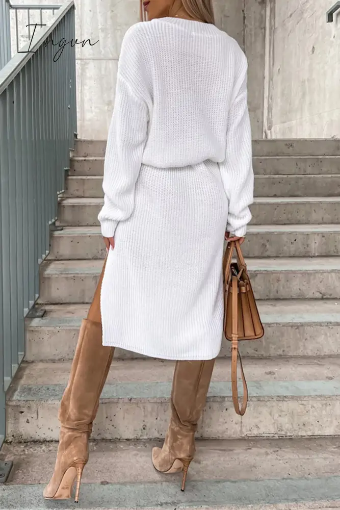 Ingvn - Elegant Simplicity Solid Slit O Neck Long Sleeve Dresses Dresses/Sweater