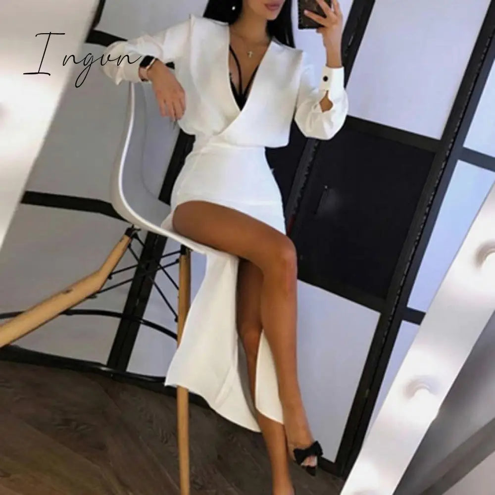 Ingvn - Elegant Slit Sexy Party Evening Maxi Dresses Long Sleeve White Bodycon Dress For Women