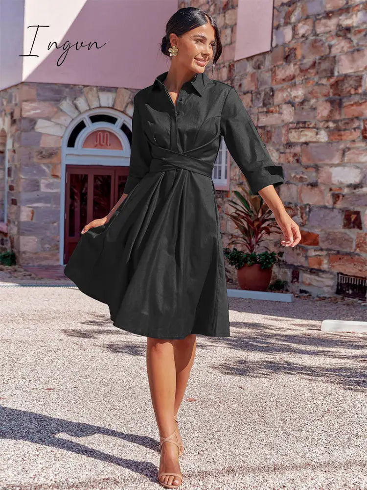 Ingvn - Elegant Solid Bandage Pocket Buttons Turndown Collar Shirt Dress Dresses Black / S