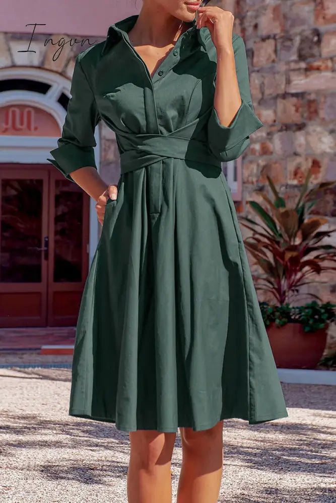 Ingvn - Elegant Solid Bandage Pocket Buttons Turndown Collar Shirt Dress Dresses Ink Green / S