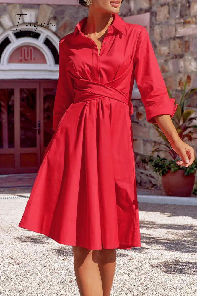 Ingvn - Elegant Solid Bandage Pocket Buttons Turndown Collar Shirt Dress Dresses Red / S