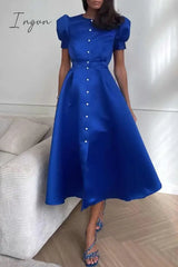 Ingvn - Elegant Solid Buckle O Neck A Line Short Sleeve Dress(5 Colors) Blue / S Dresses/Short Dress