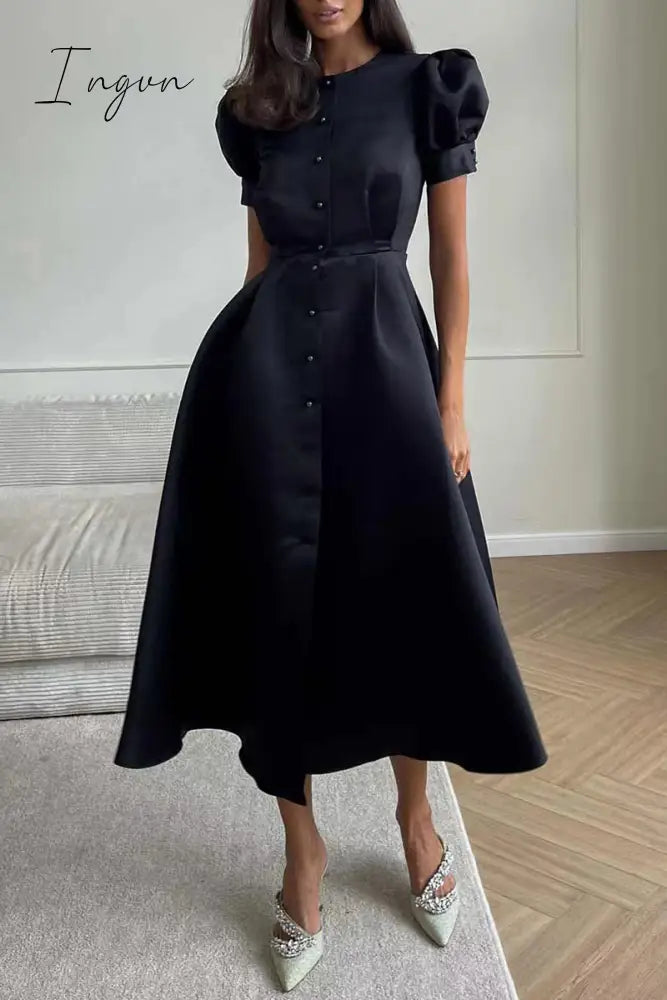 Ingvn - Elegant Solid Buckle O Neck A Line Short Sleeve Dress(5 Colors) Dresses/Short Dress