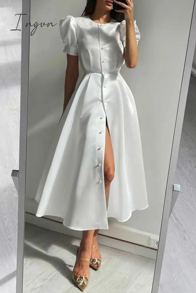 Ingvn - Elegant Solid Buckle O Neck A Line Short Sleeve Dress(5 Colors) Dresses/Short Dress