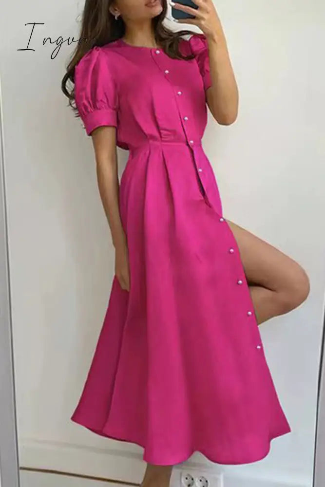 Ingvn - Elegant Solid Buckle O Neck A Line Short Sleeve Dress(5 Colors) Rose Red / S Dresses/Short