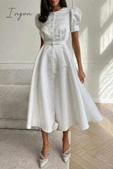 Ingvn - Elegant Solid Buckle O Neck A Line Short Sleeve Dress(5 Colors) White / S Dresses/Short