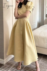 Ingvn - Elegant Solid Buckle O Neck A Line Short Sleeve Dress(5 Colors) Yellow / S Dresses/Short