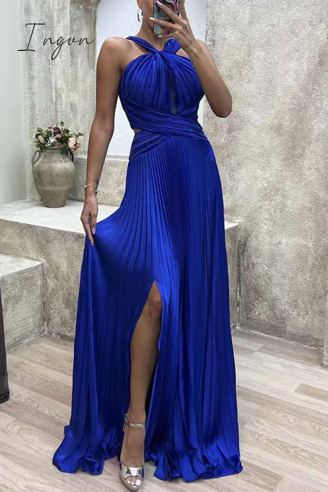 Ingvn - Elegant Solid Fold Halter Evening Dress Dresses Blue / S Dresses/Party And Cocktail