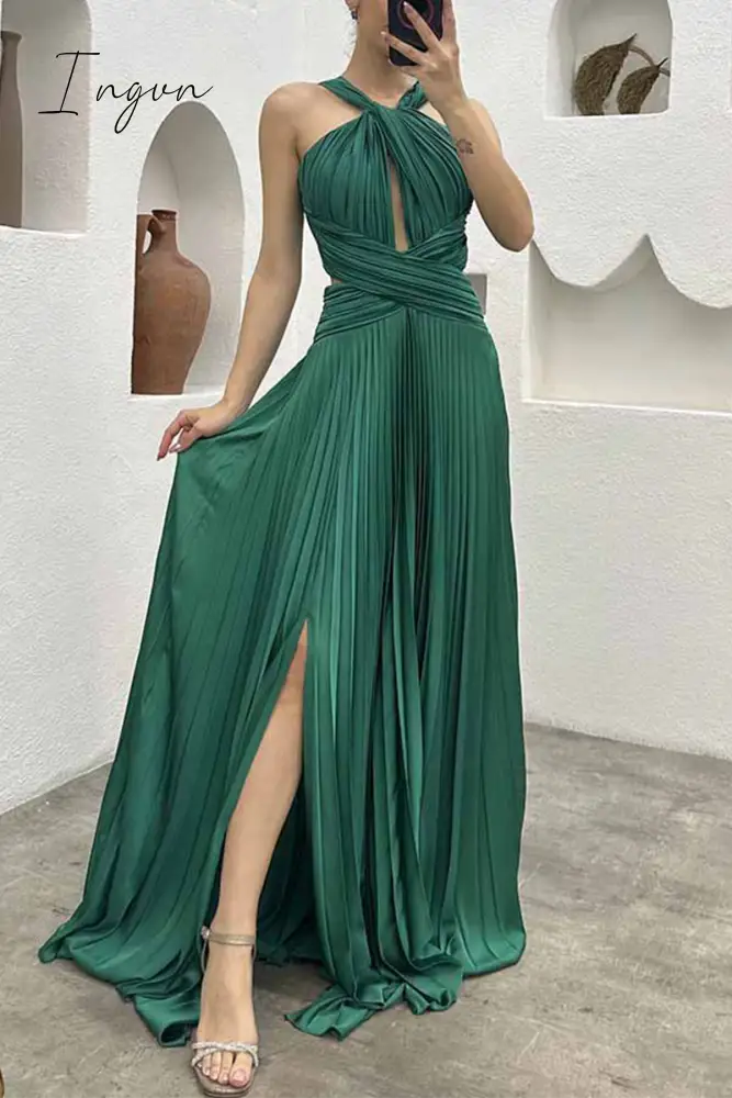 Ingvn - Elegant Solid Fold Halter Evening Dress Dresses Green / S Dresses/Party And Cocktail