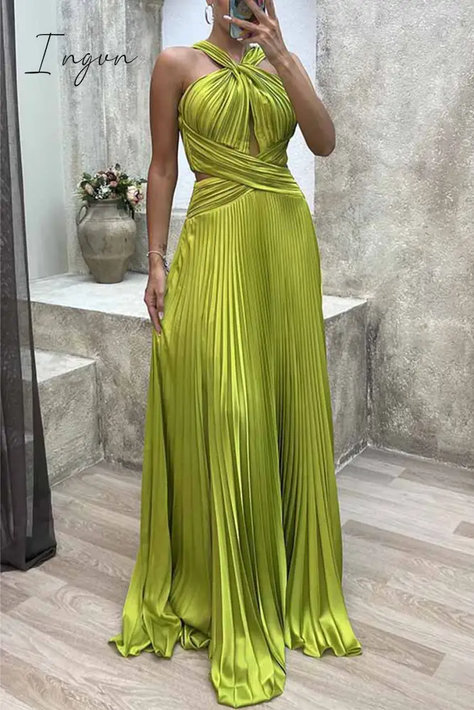 Ingvn - Elegant Solid Fold Halter Evening Dress Dresses Green Yellow / S Dresses/Party And Cocktail