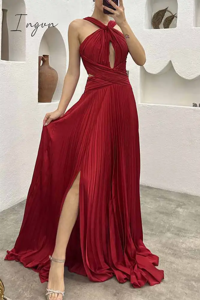 Ingvn - Elegant Solid Fold Halter Evening Dress Dresses Red / S Dresses/Party And Cocktail