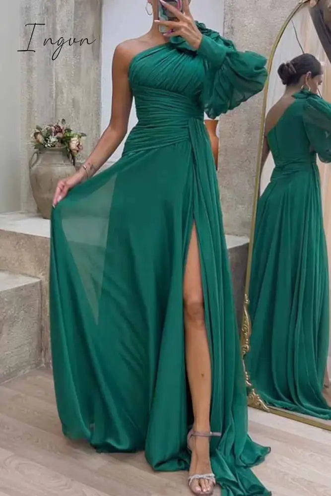 Ingvn - Elegant Solid Fold Oblique Collar Evening Dress Dresses Green / S Dresses/Party And Cocktail