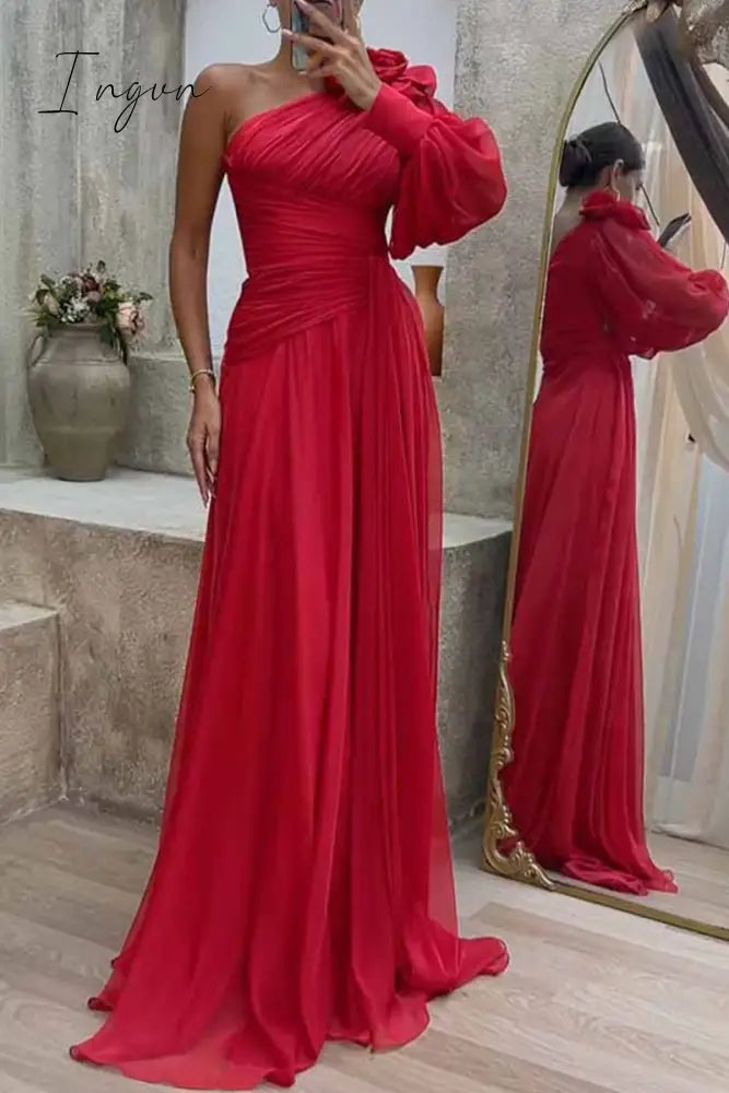 Ingvn - Elegant Solid Fold Oblique Collar Evening Dress Dresses Red / S Dresses/Party And Cocktail